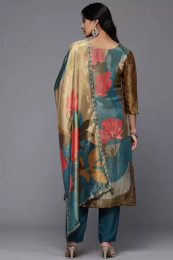Floral Embroidered Beads & Stones Pure Silk Kurta With Trousers & Dupatta