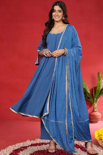 Women Embroidered Sequinned Kurta with Palazzos & Dupatta