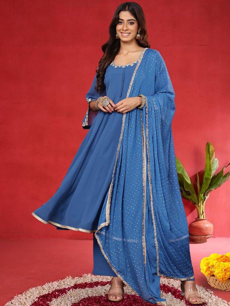 Women Embroidered Sequinned Kurta with Palazzos & Dupatta