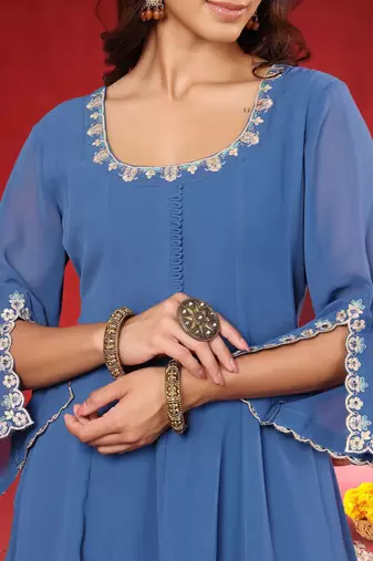 Women Embroidered Sequinned Kurta with Palazzos & Dupatta