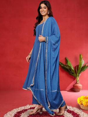 Women Embroidered Sequinned Kurta with Palazzos & Dupatta 4