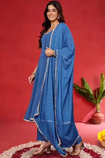 Women Embroidered Sequinned Kurta with Palazzos & Dupatta