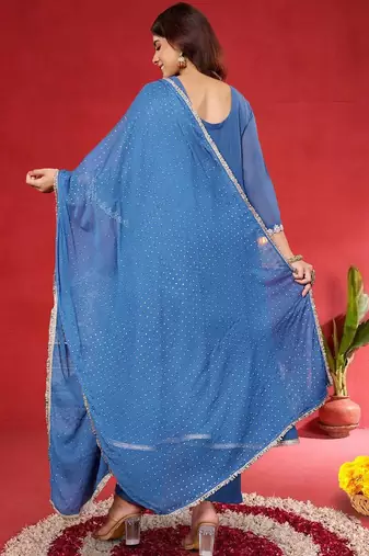 Women Embroidered Sequinned Kurta with Palazzos & Dupatta