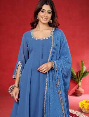 Women Embroidered Sequinned Kurta with Palazzos & Dupatta 6