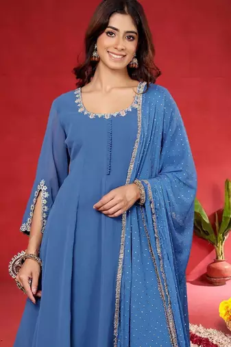 Women Embroidered Sequinned Kurta with Palazzos & Dupatta