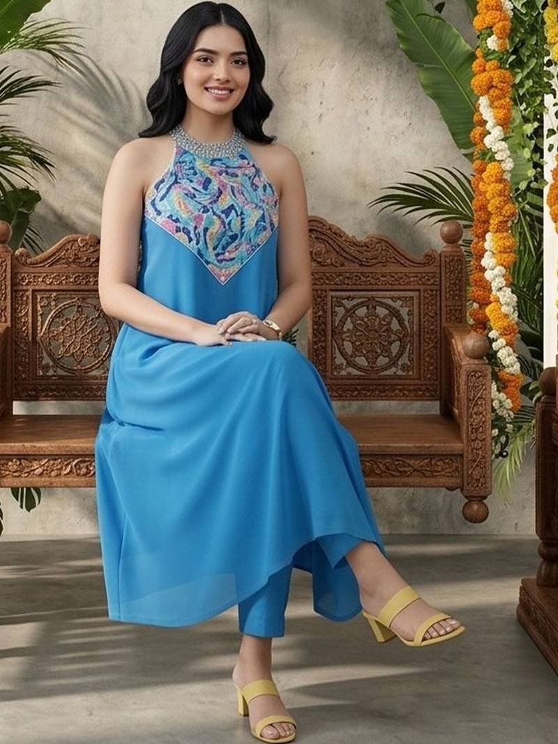 Women Embroidered Regular Thread Work Silk Georgette Kurta with Trousers