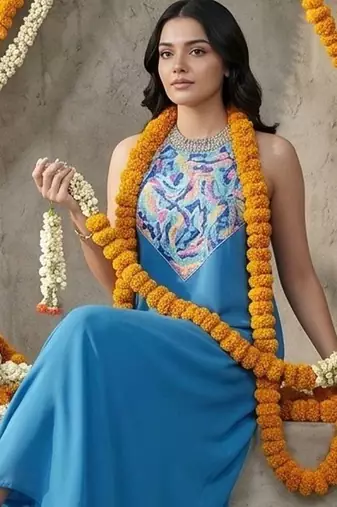 Women Embroidered Regular Thread Work Silk Georgette Kurta with Trousers