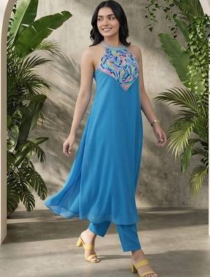 Women Embroidered Regular Thread Work Silk Georgette Kurta with Trousers 6