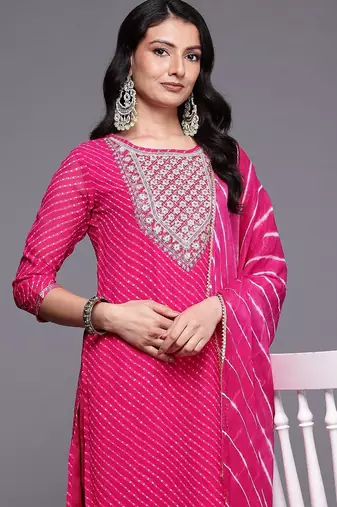 Bandhani Printed Sequinned Kurta With Trousers & Dupatta