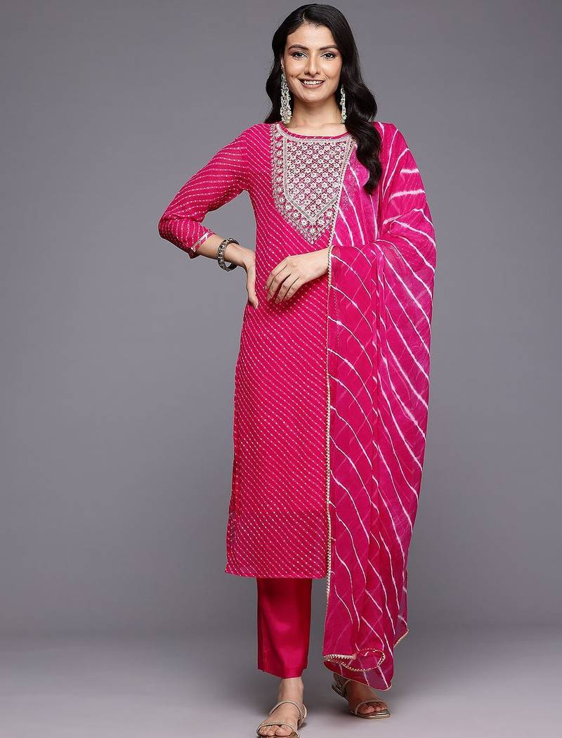 Bandhani Printed Sequinned Kurta With Trousers & Dupatta
