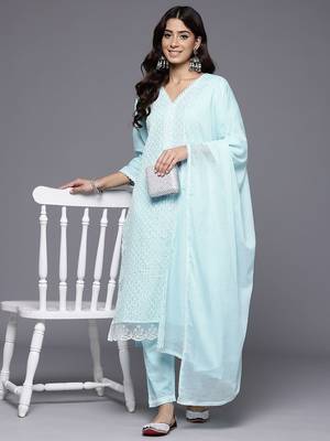 Women Ethnic Motifs Embroidered Regular Chikankari Kurta with Trousers & With Dupatta 7