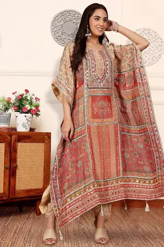Women Printed Regular Raw Silk Kurta with Dhoti Pants
