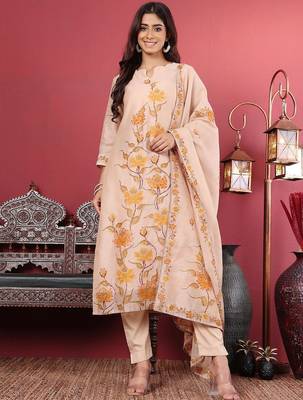 Floral Printed Kantha Work Chanderi Silk Straight Kurta with Trousers & Dupatta 1