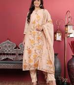 Floral Printed Kantha Work Chanderi Silk Straight Kurta with Trousers & Dupatta