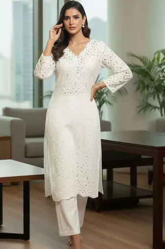 Women Ethnic Motifs Embroidered Regular Thread Work Pure Cotton Kurta with Trousers