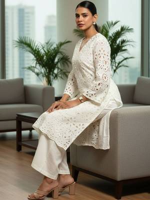Women Ethnic Motifs Embroidered Regular Thread Work Pure Cotton Kurta with Trousers 3