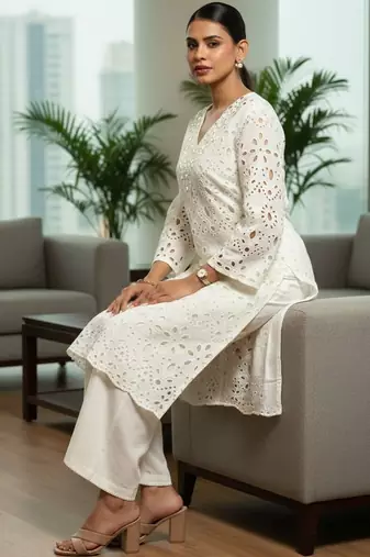 Women Ethnic Motifs Embroidered Regular Thread Work Pure Cotton Kurta with Trousers