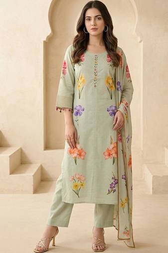 Women Floral Printed Regular Kurta with Trousers & With Dupatta