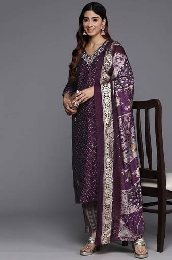 Women Bandhani Printed Regular Beads and Stones Kurta with Trousers & Dupatta