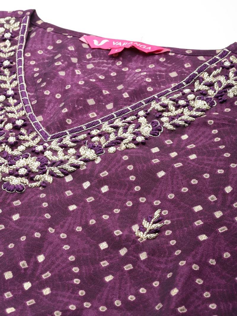 Women Bandhani Printed Regular Beads and Stones Kurta with Trousers & Dupatta