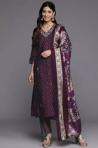 Women Bandhani Printed Regular Beads and Stones Kurta with Trousers & Dupatta