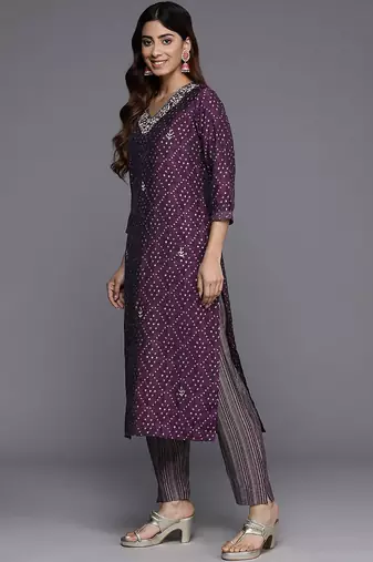 Women Bandhani Printed Regular Beads and Stones Kurta with Trousers & Dupatta