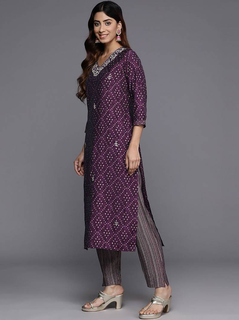 Women Bandhani Printed Regular Beads and Stones Kurta with Trousers & Dupatta