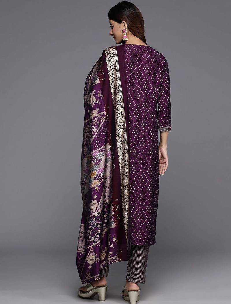 Women Bandhani Printed Regular Beads and Stones Kurta with Trousers & Dupatta