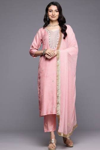 ethnic motifs embroidered beads & stones  silk kurta set