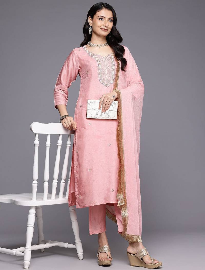 Ethnic Motifs Embroidered Beads & Stones Pure Silk Kurta Set