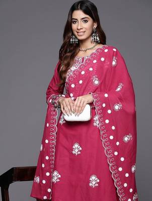 Floral Embroidered Thread Work Pure Cotton Kurta with Trousers & Dupatta 1