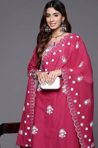 Floral Embroidered Thread Work Pure Cotton Kurta with Trousers & Dupatta