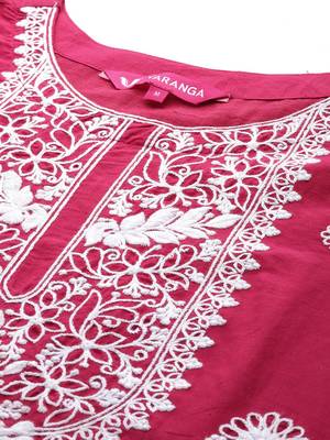 Floral Embroidered Thread Work Pure Cotton Kurta with Trousers & Dupatta 2