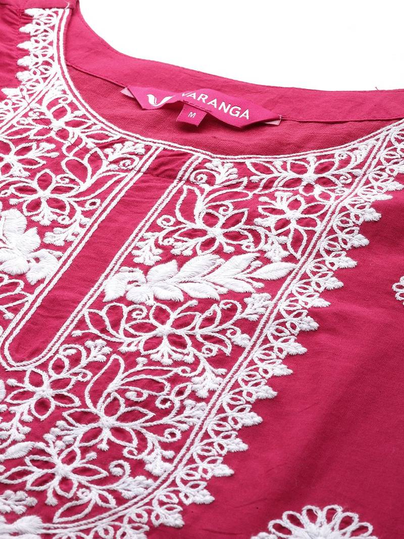 Floral Embroidered Thread Work Pure Cotton Kurta with Trousers & Dupatta