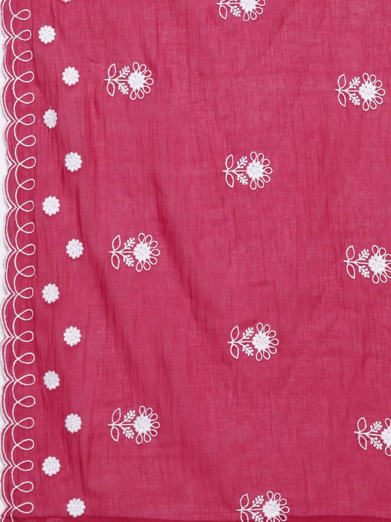 Floral Embroidered Thread Work Pure Cotton Kurta with Trousers & Dupatta