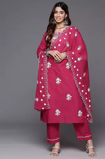 Floral Embroidered Thread Work Pure Cotton Kurta with Trousers & Dupatta