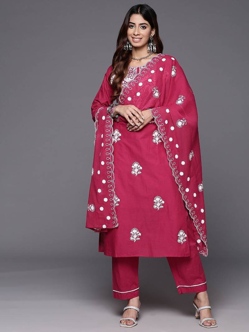 Floral Embroidered Thread Work Pure Cotton Kurta with Trousers & Dupatta