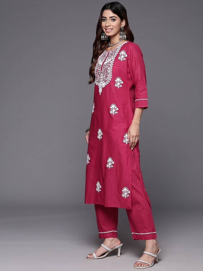 Floral Embroidered Thread Work Pure Cotton Kurta with Trousers & Dupatta