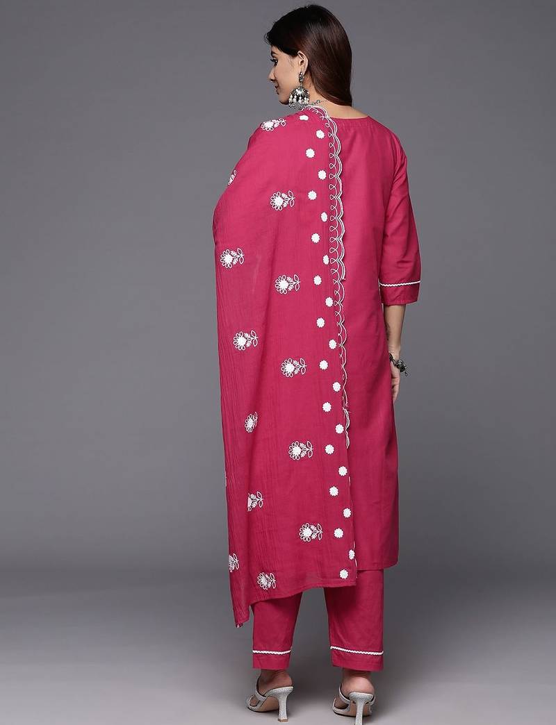 Floral Embroidered Thread Work Pure Cotton Kurta with Trousers & Dupatta
