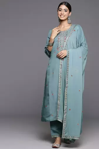 Women Floral Embroidered Regular Sequined Kurta with Trousers & Dupatta
