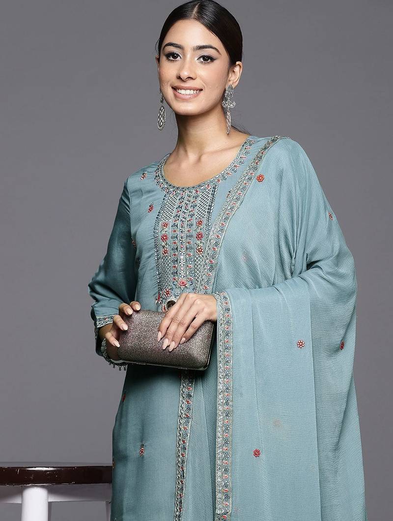 Women Floral Embroidered Regular Sequined Kurta with Trousers & Dupatta