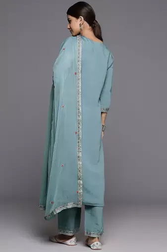 Women Floral Embroidered Regular Sequined Kurta with Trousers & Dupatta