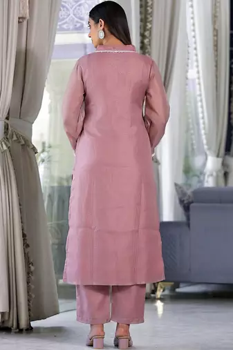 Kota Check V Neck Long Puffed Sleeves Straight Kurta With Trouser