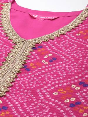 Women Bandhani Printed Regular Thread Work Kurta with Trousers & With Dupatta 3