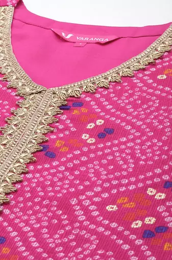 Women Bandhani Printed Regular Thread Work Kurta with Trousers & With Dupatta