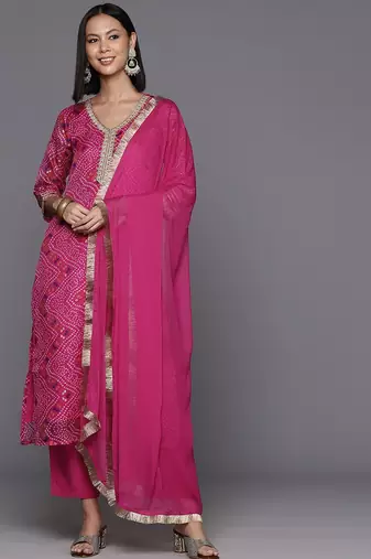 Women Bandhani Printed Regular Thread Work Kurta with Trousers & With Dupatta