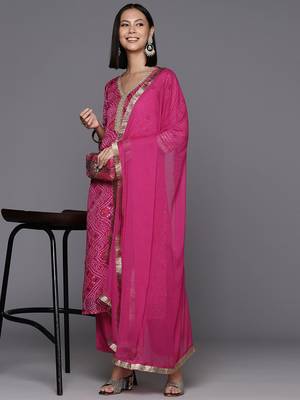 Women Bandhani Printed Regular Thread Work Kurta with Trousers & With Dupatta 1