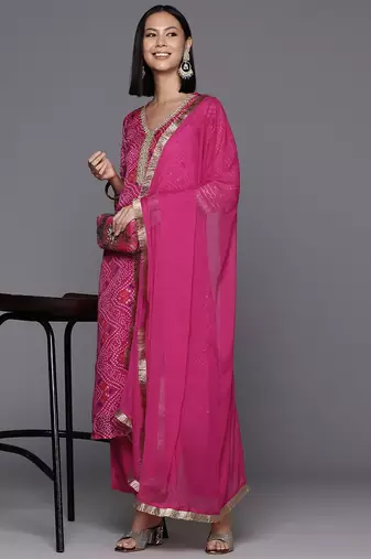 Women Bandhani Printed Regular Thread Work Kurta with Trousers & With Dupatta