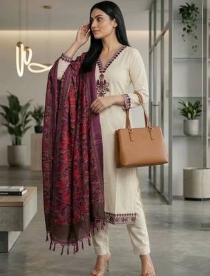 Women Embroidered Regular Thread Work Kurta with Trousers & With Dupatta 1