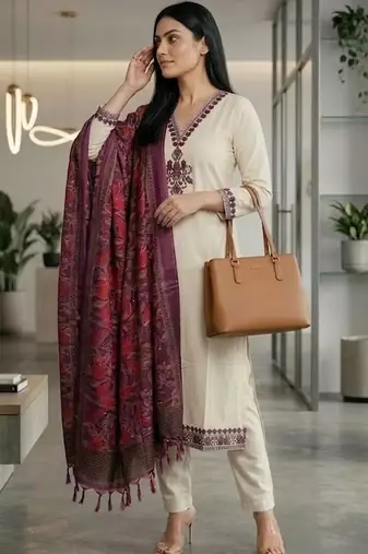 Women Embroidered Regular Thread Work Kurta with Trousers & With Dupatta